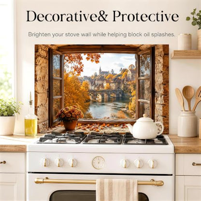Autumn Village Backsplash Sticker 17.3 x 28 in Peel and Stick PVC - color: Colorful1601