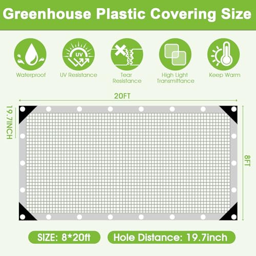 16 Mil Clear Plastic Tarps Heavy Duty Waterproof 8x20 FT,Green House Plastic Covering Sheeting,UV Resistant Greenhouse Cover Clear Tarp with Grommets for Garden,Farms,Nursery,Chicken Coop Winter Wrap - size: 8FT x 20FT 16Mil