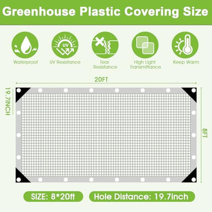 16 Mil Clear Plastic Tarps Heavy Duty Waterproof 8x20 FT,Green House Plastic Covering Sheeting,UV Resistant Greenhouse Cover Clear Tarp with Grommets for Garden,Farms,Nursery,Chicken Coop Winter Wrap - size: 8FT x 20FT 16Mil