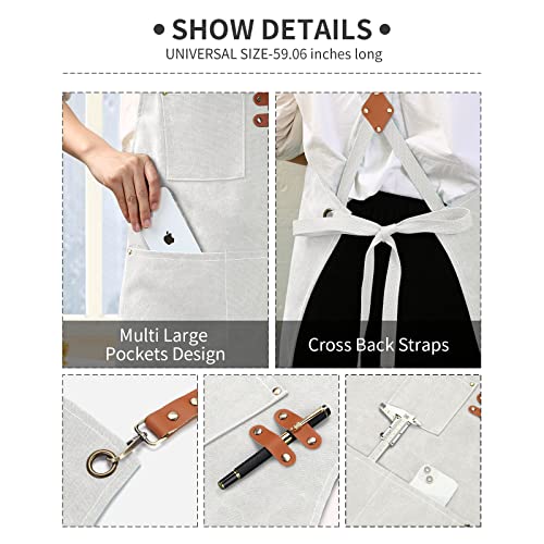 ZOMAO White Chef Aprons for Men Women with Large Pockets,Cotton Canvas Cross Back Apron,Kitchen Cooking Baking Bib Heavy Duty Adjustable Work Apron - color: Beige