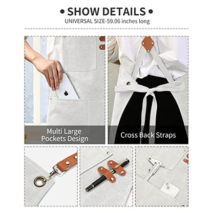 ZOMAO White Chef Aprons for Men Women with Large Pockets,Cotton Canvas Cross Back Apron,Kitchen Cooking Baking Bib Heavy Duty Adjustable Work Apron - color: Beige