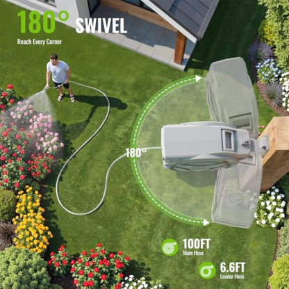 100 FT Retractable Garden Hose, Heavy Duty Wall Mounted Water Hose Reel - color: White