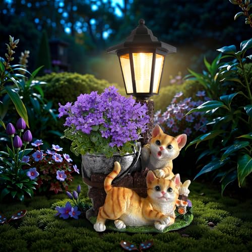 Solar Cat Outdoor Statues, Garden Sculptures with Flowerpot & Lantern - color: Cat