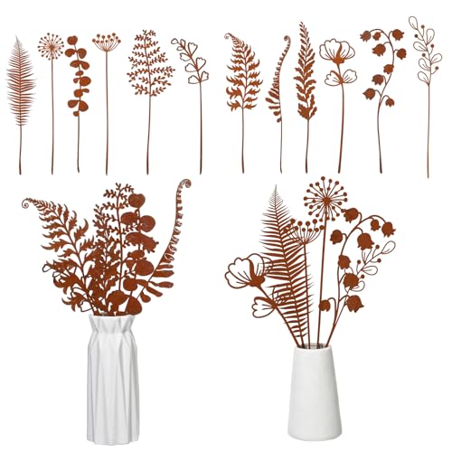 12 Pack Rusty Metal Garden Stakes, Rustic Metal Fern Leaf Plants