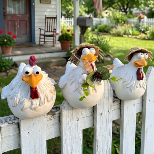 Chicken Fence Decor, Set of 3 Hand-Painted Resin Statues - color: Multi Brown