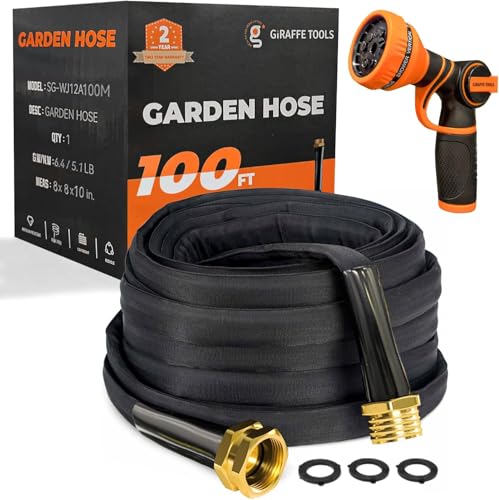 Giraffe Tools Garden Hose 100FT Lightweight Lay Flat Water Hose Kink Free Flexible Hose with 9 Spray Function Nozzle（Black） - size: 100FT