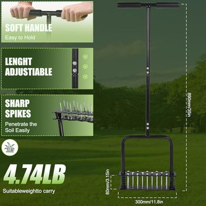 Lawn Aerator Tool,Manual Stainless Steel Spike Aerator Lawn Tool with Spring Base, Automatic Dirt and Leaf Clean Design, Adjustable T-Handle, Soil Loosening, Yard Aerating, Garden Tool Black