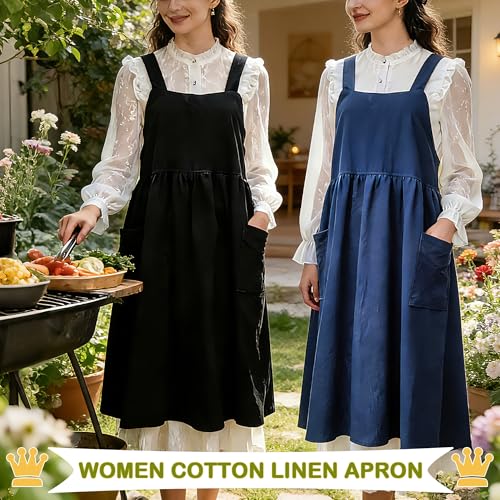 Cotton Linen Apron Cross Back Apron for Women with Pockets Pinafore Dress - color: 2 Pack-black+navy
