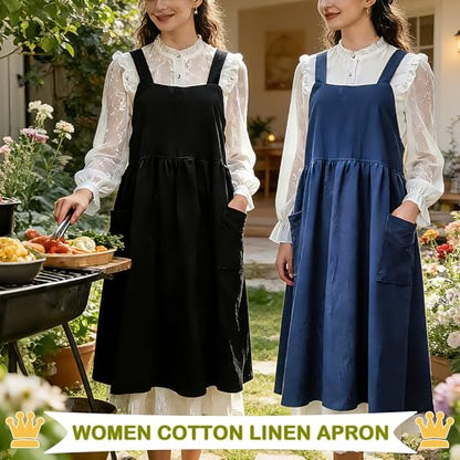Cotton Linen Apron Cross Back Apron for Women with Pockets Pinafore Dress - color: 2 Pack-black+navy