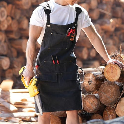 Tosewever Work Aprons for Men with Large Pockets, Canvas Cross Back Heavy Duty Adjustable Tool Aprons for Chef Cooking BBQ - color: Black