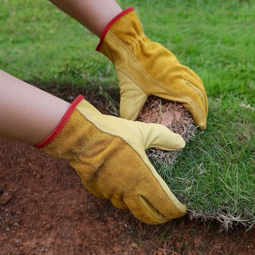 OZERO Cowhide Leather Work Gloves, Gardening, Flex Grip, 3 Pairs, Gold, XL - color: Gold(3 Pair), size: X-Large
