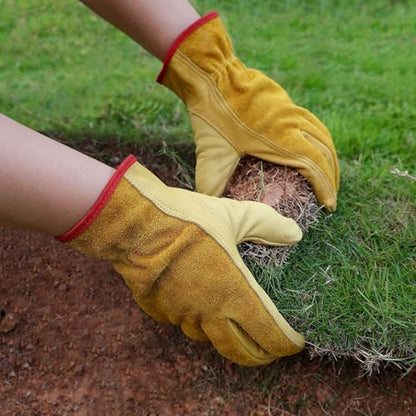 OZERO Cowhide Leather Work Gloves, Gardening, Flex Grip, 3 Pairs, Gold, XL - color: Gold(3 Pair), size: X-Large
