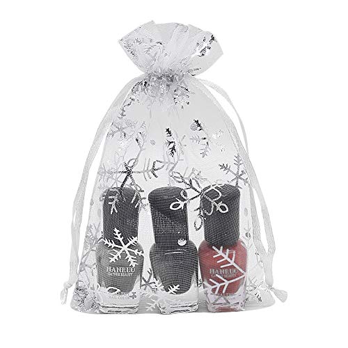 HRX Package 100pcs Snowflake Organza Gift Bags Christmas 4x6 inch, Small White Mesh Jewelry Pouches Little Drawstring Candy Bags - color: White-Snowflake