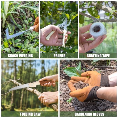 Garden Tool Set, 12 Pcs Heavy Duty Floral Gardening Tools Kit with Gardening Hand Weeder Tools, Durable Storage Bag and Gardening Gloves, Gardening Gifts for Women and Men Brown