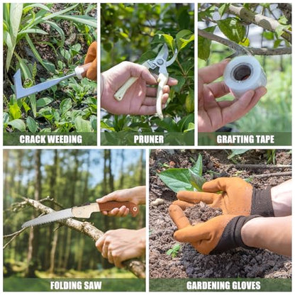 Garden Tool Set, 12 Pcs Heavy Duty Floral Gardening Tools Kit with Gardening Hand Weeder Tools, Durable Storage Bag and Gardening Gloves, Gardening Gifts for Women and Men Brown