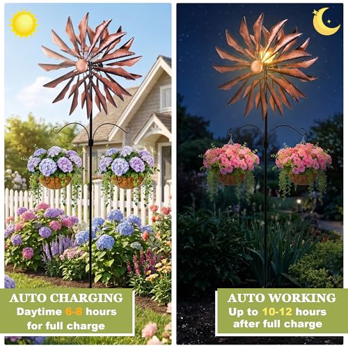 95 Inch Large Wind Spinner Outdoor Metal Garden Stake with Dual Hanging Hooks, Solar Powered Windmill Spinner for Yard & Patio, Heavy Duty Rustproof Kinetic Yard Art with Stable Ground Stake - color: Copper Blade