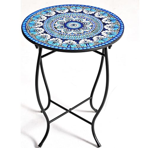 Round Side Table, 17“ H Easy Assembly Weather Resistant Metal Accent Table - color: Blue