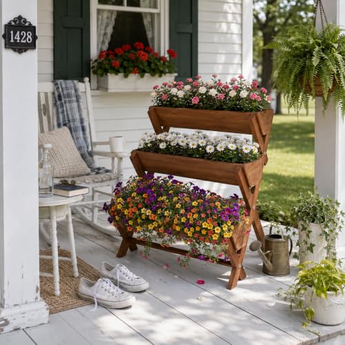 3 Tier Vertical Garden Planter,Raised Garden Bed,Planter Box,Fir Wood Freestanding Elevated Herb Stand Tower,Flower Strawberry Vegetable with Drain Holes,35x22x36 Inches, for Outdoor,Brown