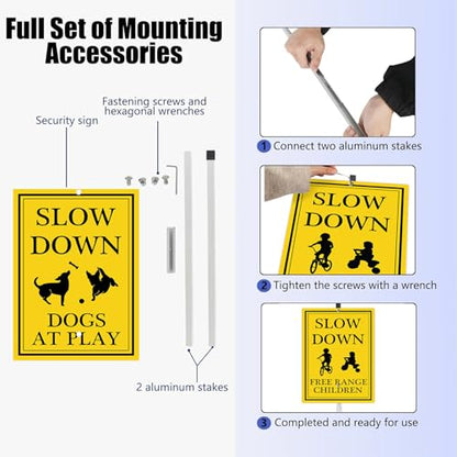 Slow Down Dogs at Play Yard Sign with Stake Dog Pets Crossing Safety Signs Rustproof Reflective Aluminum Caution Drive Slowly Watch for Dogs Sign for Street Neighborhoods - color: B11