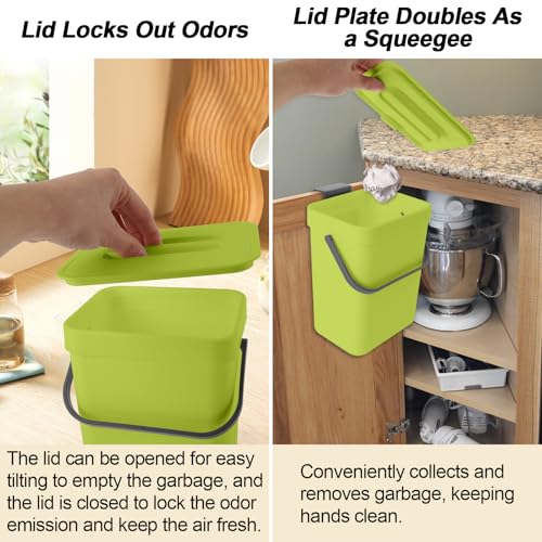 Compost Bin Kitchen, for use on Countertops or Under Sinks, Hanging Trash Can with Lid, for Cupboard/Bathroom/Bedroom/Office/Camping, Mountable Indoor Compost Bucket(Green 1.3 Gallon/5L)