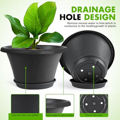 Quarut 12 Inch Pots for Plants,4 Pack Large Flower Pots with Drainage Hole - color: Diamond Pattern-black, size: 12 inch-4 Pack
