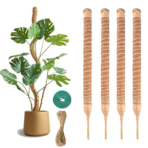 4 Pack Bendable Moss Pole 20 Inch, Monstera Plant Support Stake,Coco Coir Pole Sticks for Indoor Plants,Climbing Potted Plants，Pothos, Philodendron with Plants Ties - size: 4-Pack 20in