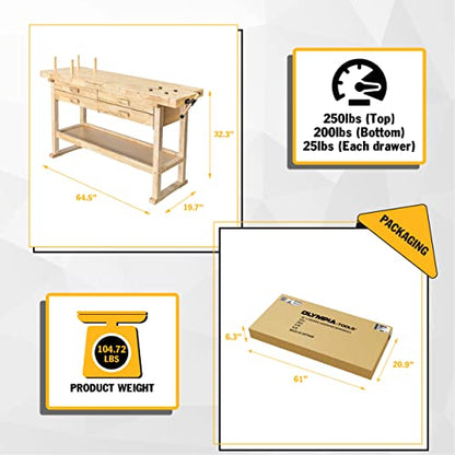 Olympia Tools 64.5" Rubber Hardwood Workbench w/ 4 Drawers & Clamp - size: 60 Inch Workbench