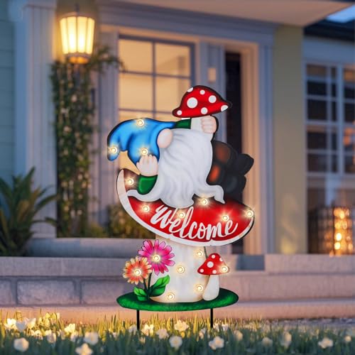 WONDER GARDEN Outdoor Garden Stakes with LED Lighted Mushroom & Gnome Decor - color: red