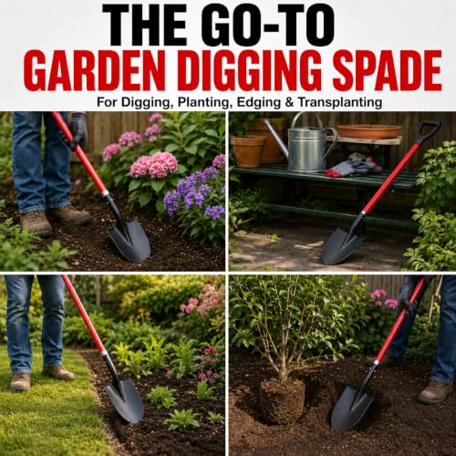 TABOR TOOLS J202A Round Point Digging Shovel with Long 56 Inch Fiberglass Handle, Garden Spade for Digging Soil, Roots & Planting, Less Back Strain - size: Straight Handled, Round Blade