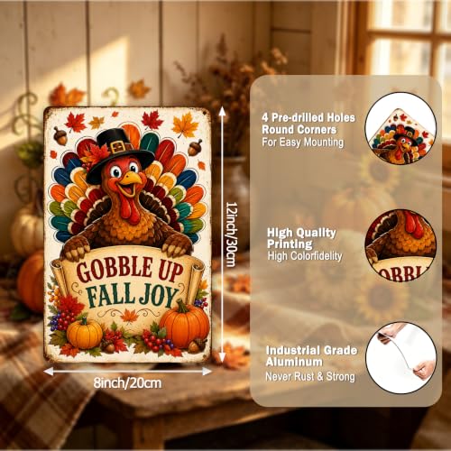Gobble Up Fall Joy Thanksgiving Metal Sign Turkey Wall Decor 8x12 Inch - color: Gobble Up Fall Joy