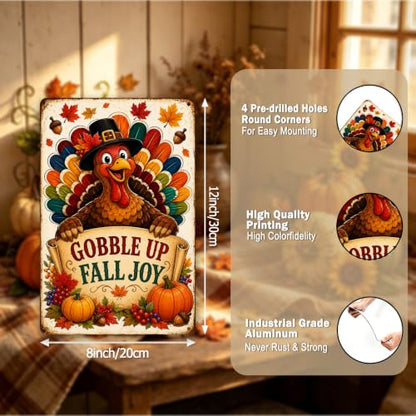 Gobble Up Fall Joy Thanksgiving Metal Sign Turkey Wall Decor 8x12 Inch - color: Gobble Up Fall Joy