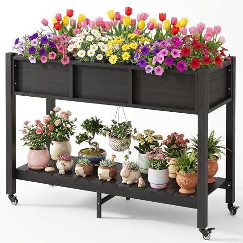 DWVO 47x18x31in Raised Garden Bed Outdoor HDPE with Legs and Lockable Wheels, Weather-Resistant Poly-Wood Elevated Planter Box, Double Tier Planters for Backyard Patio Balcony, Black