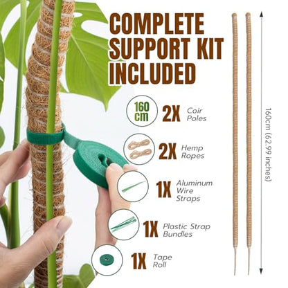 Mcbazel 2 Pack 63 Inch Bendable Moss Pole for Plants Monstera - Extra Tall 5.2ft Coco Coir Plant Support Stakes for Large Indoor Climbing Vines - Flexible Totem Stick Kit with Rope, Wire & Ties - size: 2x160CM/63inch