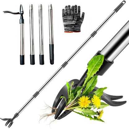 Weed Puller Tool, Metal Stand Up Weed Puller Tool with Long Handle, 4 Claw Steel Head Weeder Tool with 4-Sectioal Pole Design, Garden Hand Weeding Tool, Smoothly Remove Weeds Without Kneeling (Black)