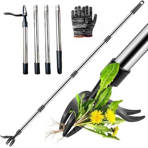 Weed Puller Tool, Metal Stand Up Weed Puller Tool with Long Handle, 4 Claw Steel Head Weeder Tool with 4-Sectioal Pole Design, Garden Hand Weeding Tool, Smoothly Remove Weeds Without Kneeling (Black)