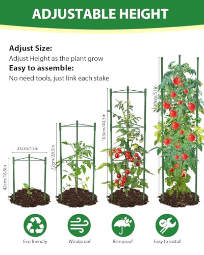 MYMULIKE 6 Pack Tomato Cages for Garden, 51in*13in Adjustable Tomatoes Plant Stakes Support Cages Trellis, Garden Trellis for Vegetable Flowers Fruits Climbing Plants- 20 Binding Wires Included - size: 6pack-51in*13in