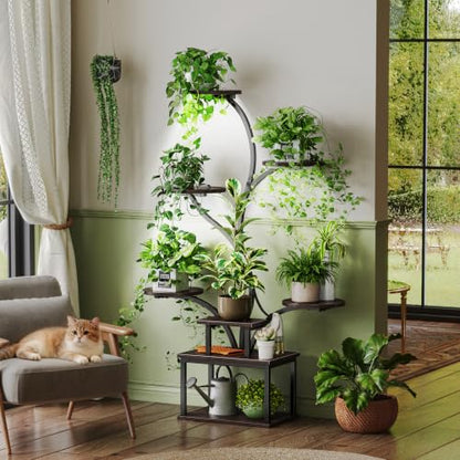 PRAISUN 51 Inch Plant Stand with Grow Lights, 8 Tiered Indoor Plant Shelf - color: Walnut