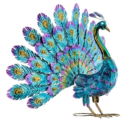 Alpine Corporation 23" Tall Outdoor Metal Peacock Statue, Multicolor - color: 23" H - Peacock
