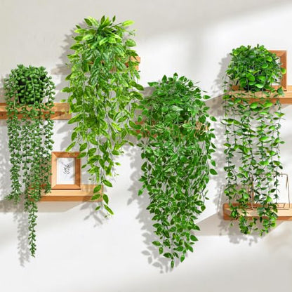 4 Pack UV Resistant Artificial Hanging Plants Faux Greenery with Pots