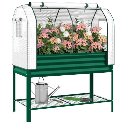 Outsunny Galvanised Raised Garden Bed with Greenhouse Cover, Green - color: Green
