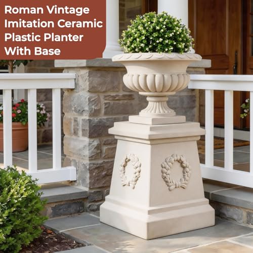 20" H Large Plastic Roman Urn Planter with 28" Tall Decorative Pedestal - color: Marble-set