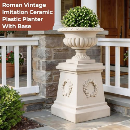 20" H Large Plastic Roman Urn Planter with 28" Tall Decorative Pedestal - color: Marble-set