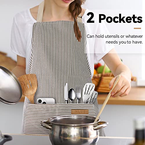 NLUS 2 Pack Kitchen Cooking Aprons, Adjustable Bib Soft Chef Apron with 2 Pockets for Men Women(Black/Brown Stripes) - color: Black/Brown