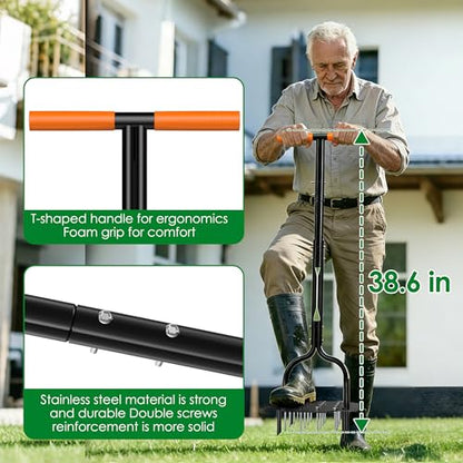 2-in-1 Lawn Aerator, Heavy Duty Manual Core Aerator Lawn Tool with 16 Iron Spikes & 4 Hollow Tines Garden Tools for Yard Grass Soil