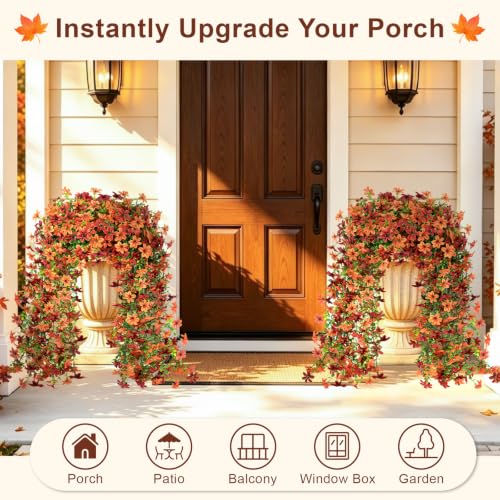 Artificial Hanging Flowers for Outdoors, 2 PCS 344-Bloom UV Resistant Mums - color: Orange Burgundy