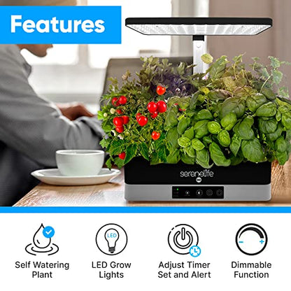 SereneLife Smart Indoor Garden - Hydroponic Herb Garden with 4000K Grow Lights Panel, Control Panel Settings, Water Stick, No Soil, Mess-Free, Height Adjustable, Grows Up to 6 Plants - color: Black