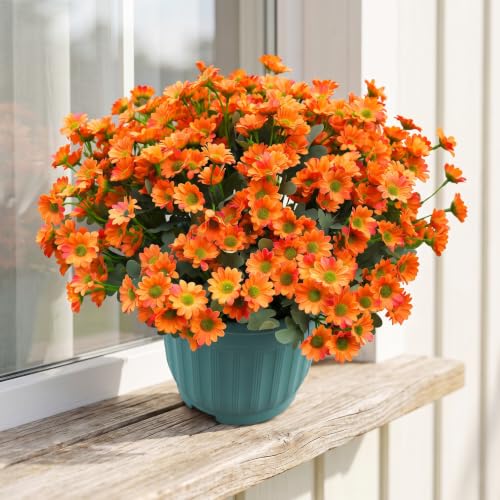 Daisy Artificial Flowers for Outdoors Decoration, 6 Bundles Fake Plants Flowers Bouquet Faux Flowers for Outdoor Planter UV Resistant Silk Flowers for Outside Front Door Porch Patio (Sunset) - color: Sunset