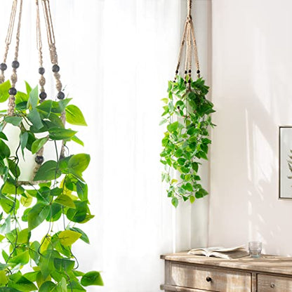 Mkono Fake Hanging Plant, Macrame Hanger with Pothos Vines & Pot, Brown - color: Brown