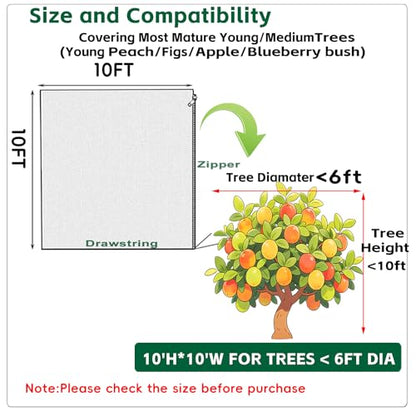 10ftx10ft Large Fruit Tree Netting Cover Zipper Drawstring Garden Pest Mesh - size: 10x10Ft