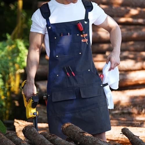 Tosewever Work Aprons for Men with Large Pockets, Canvas Cross Back Heavy Duty Adjustable Tool Aprons for Chef Cooking BBQ - color: Blue